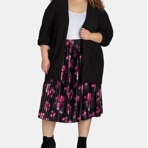 Terra & Sky Midi Pleated Skirt Women 2X Black Pink Floral New With Tags
